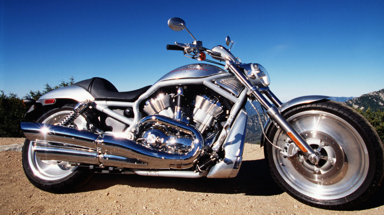 Silver Harley-Davidson V-Rod with chrome parked on side of road