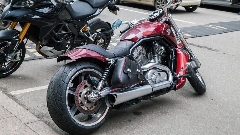 Maroon Harley-Davidson V-Rod Muscle Motorcycle in parking lot