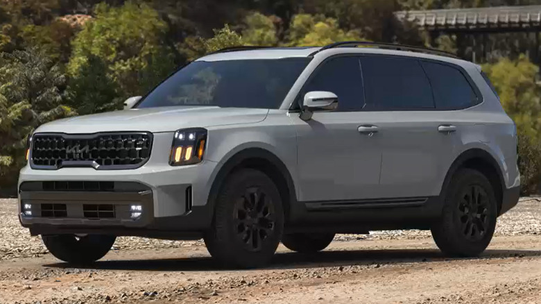 A light gray Kia Telluride parked in the dirt