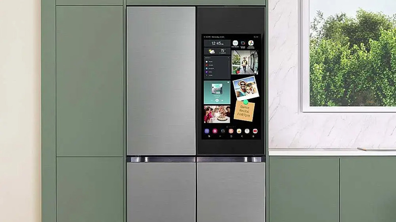 A Samsung Bespoke fridge with a screen on it