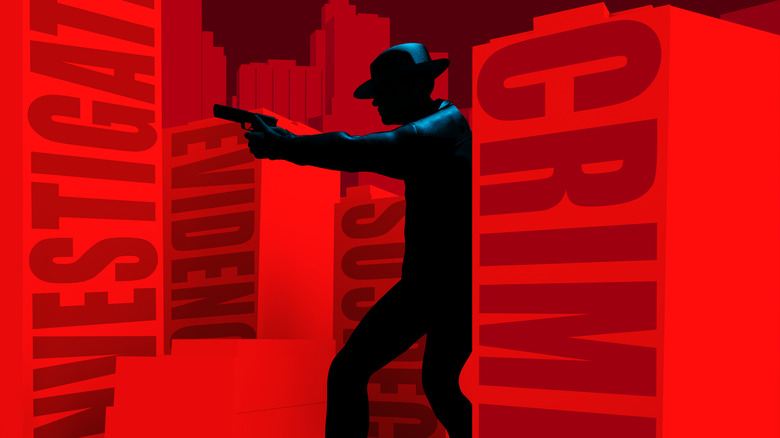 3d render noir illustration of a detective walking amongst red toned buildings with words.