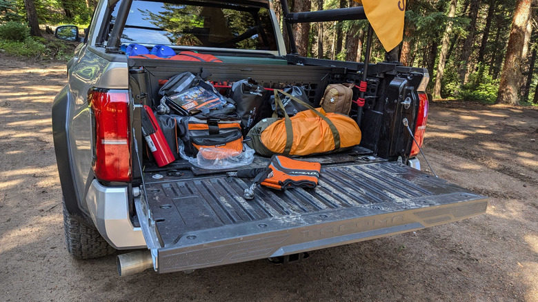 Accessories in the back of a Toyota Tacoma