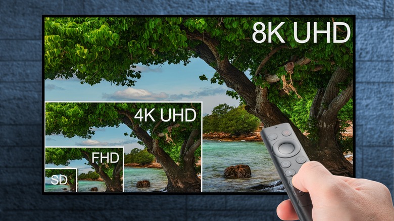 Person holding up a remote control to an 8K UHD TV