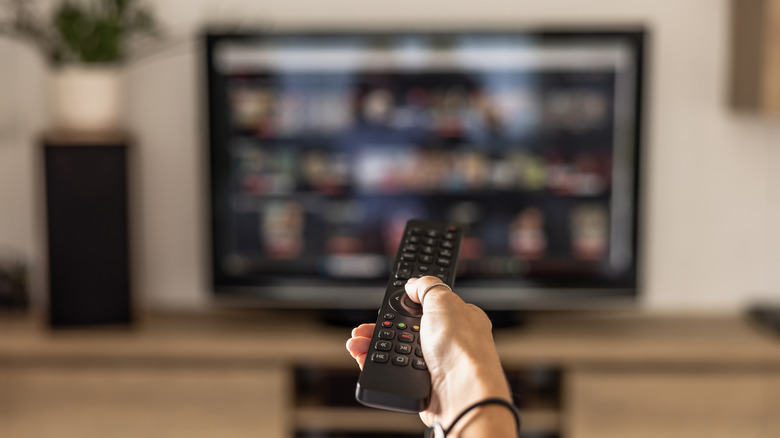 Person holding up a remote control to a TV