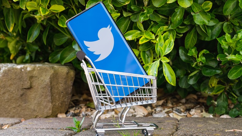 Phone with twitter logo on a shopping cart.