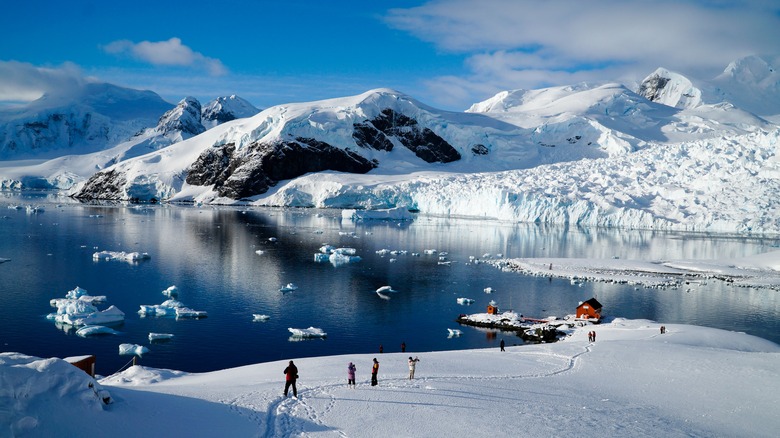 People walking across snow in Antarctica