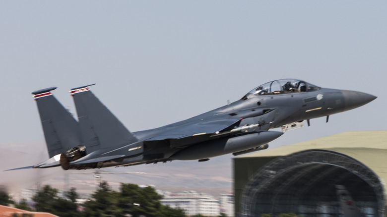 An F-15 Eagle taking off.