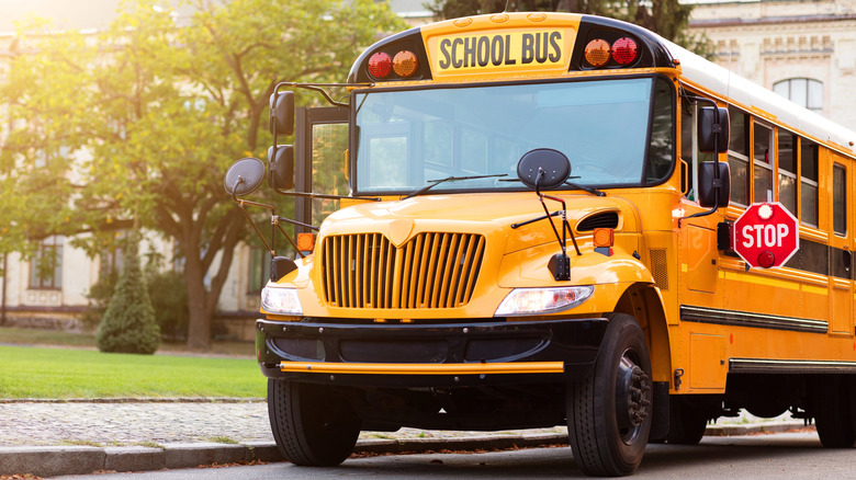 Front view of a school bus on a road.