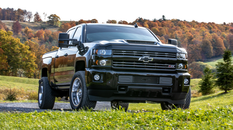 Chevy truck with black bowtie in the fall