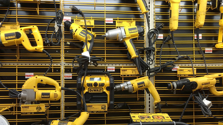 Wall of DeWalt tools