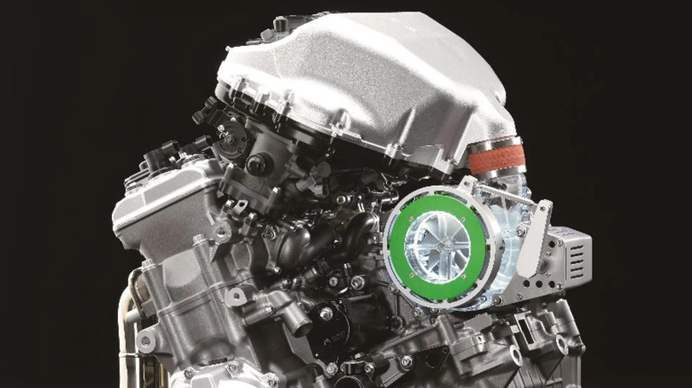 Close up of SC-01 concept engine with green supercharger