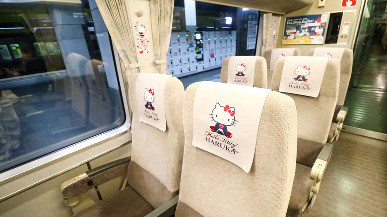 A Hello Kitty themed Shinkansen passenger train interior