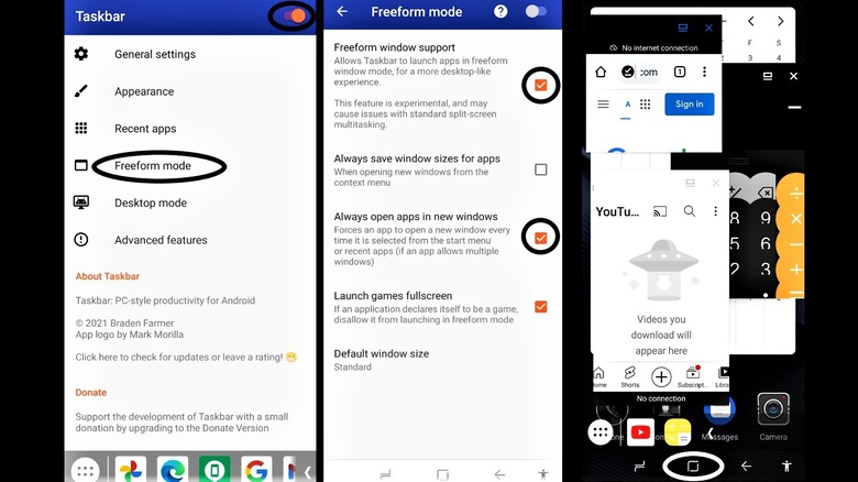 Android freeform multi-screen mode using Taskbar app