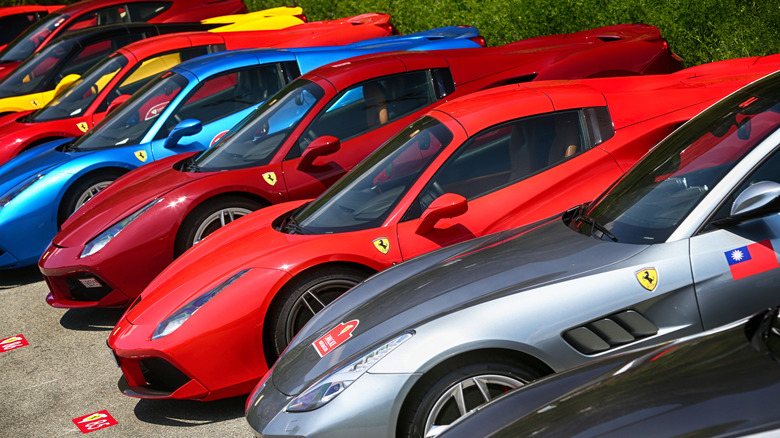 A row of Ferrari automobiles