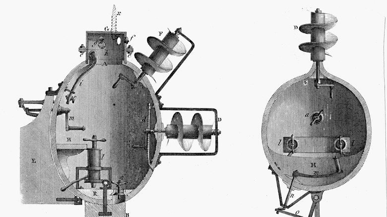 Two cutaway drawings of round vehicle