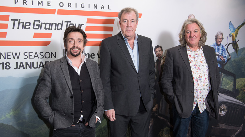 Richard Hammond, Jeremy Clarkson, and James May on red carpet for The Grand Tour