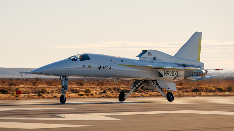 The Boom XB-1 on the runway during a test flight