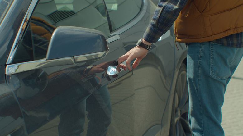 Car door handle on a Tesla car.