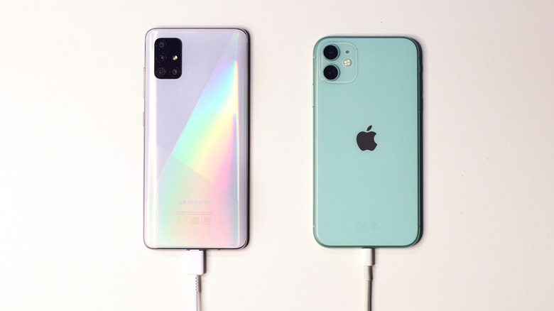 Samsung and Android phones connected to charging cables