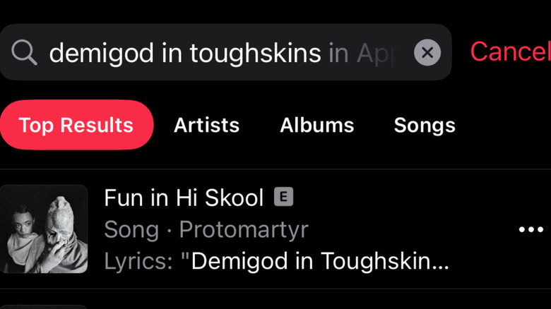 screenshot of Apple Music search by lyrics