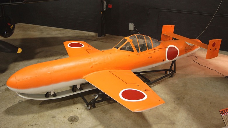 A Japanese Ohka rocket plane K-1 trainer on display at the National Museum of the Air Force.