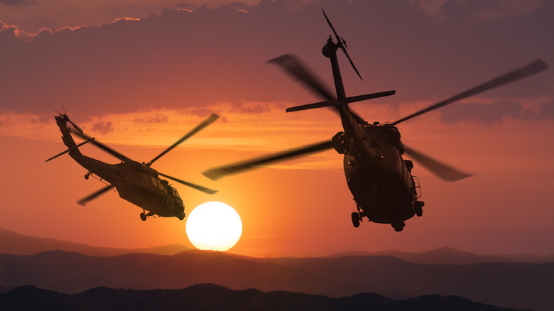 Army helicopters flying at sunset