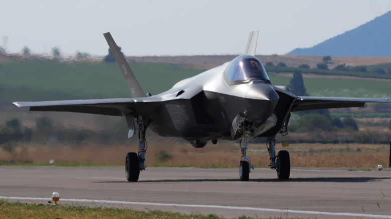 An F-35 Lightning II shown from the front on a runway in September 2023 in Athens, Greece