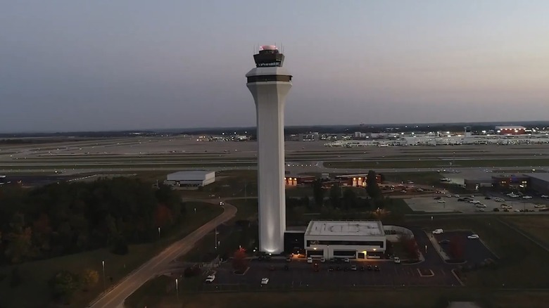 The runway and air-traffic-control tower at Cincinnati and Northern Kentucky International Airport.