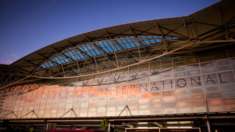 The entrance to San Francisco International Airport in the evening.