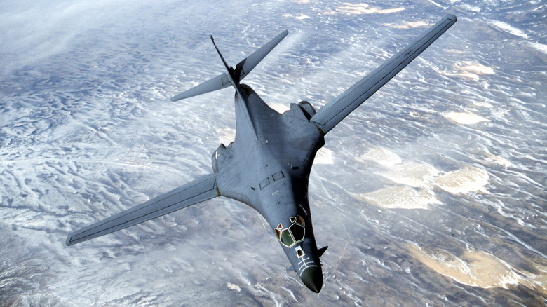 B-1B Lancer flying over mountains