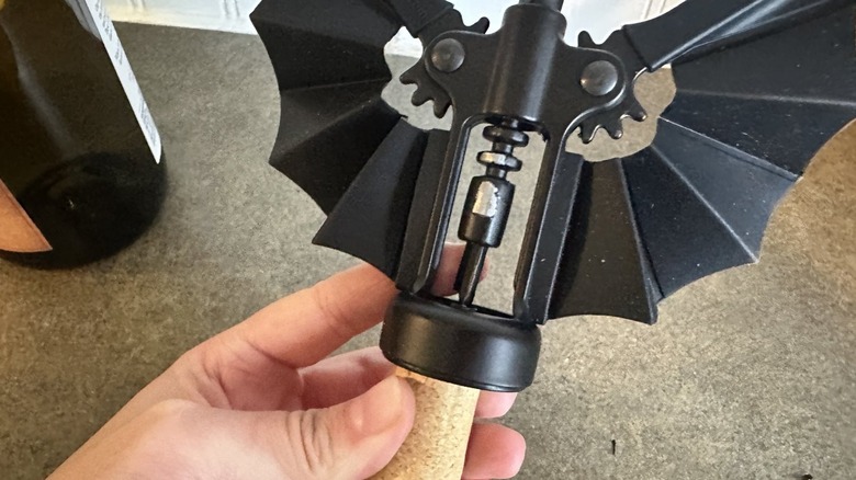 Close up of bat wine bottle opener