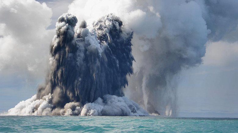 Underwater volcano plume rising above ocean surface