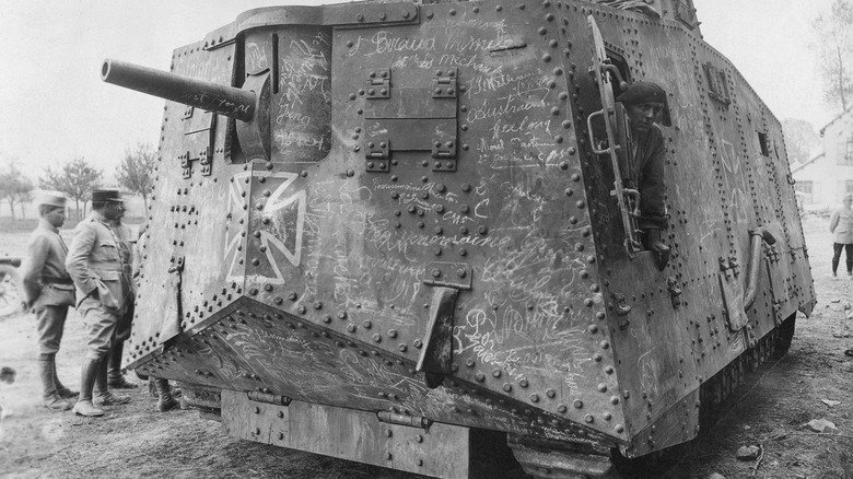 A7V tank with soldiers nearby