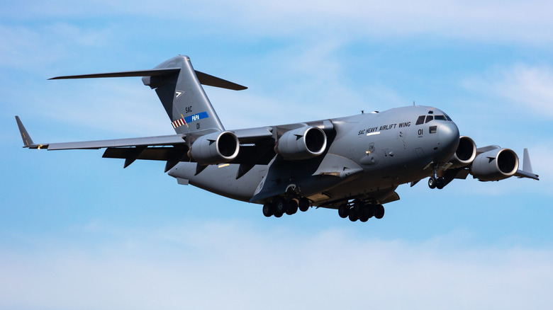 A Boeing C-17 Globemaster III flying at an air base in Papa, Hungary, in May 2021