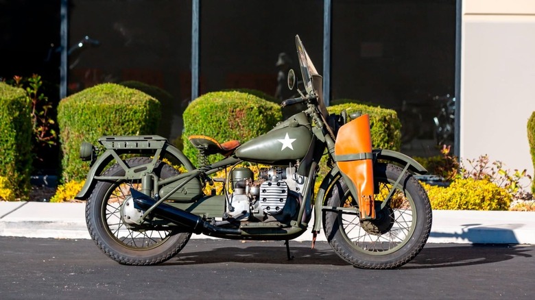 Side view of olive green 1942 Harley Davidson Experimental Army (XA) bike