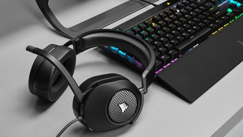 Black Corsair HS35 V2 headphones on desk