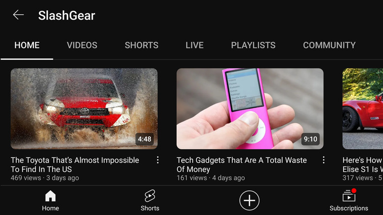 The YouTube app displaying SlashGear's channel