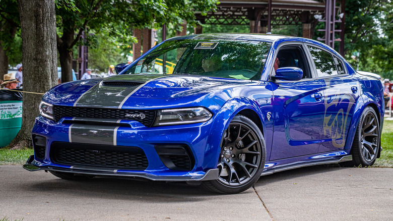 A blue and gray Dodge Challenger SRT Hellcat.