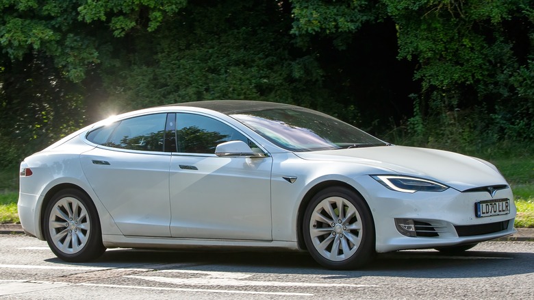 A white 2020 Tesla Model S electric car