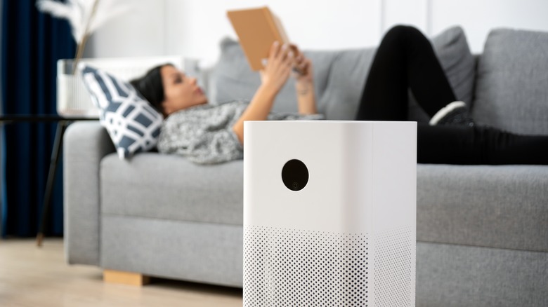 Air purifier in front of woman on couch