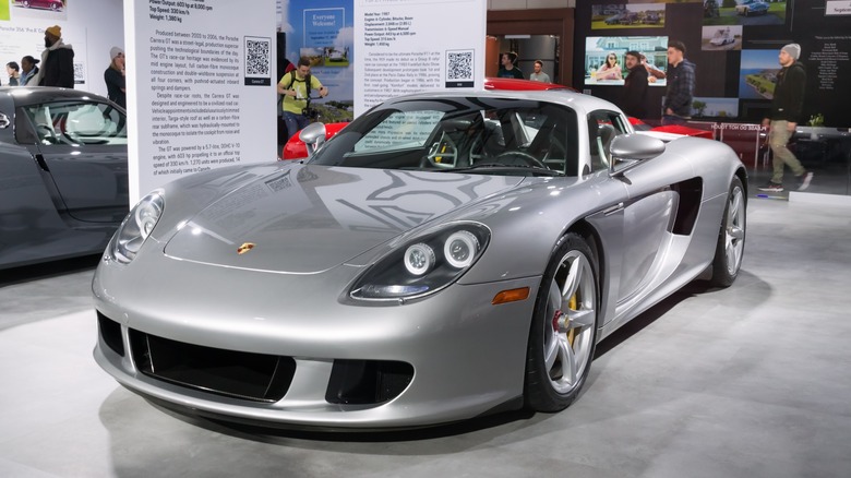 The Porsche Carrera GT in silver, front 3/4 view