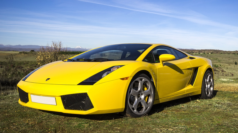 The original Lamborghini Gallardo in yellow, front 3/4 view