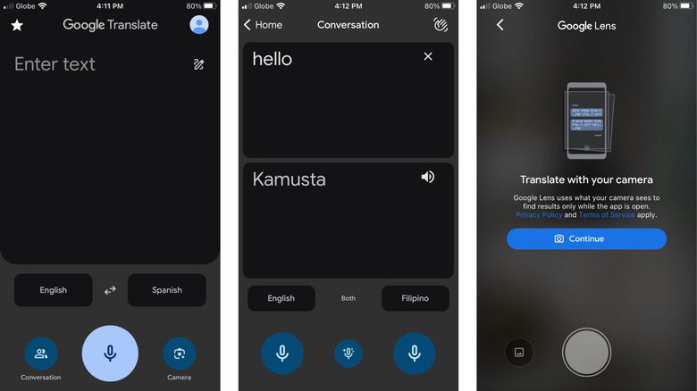 Google Translate app screens features