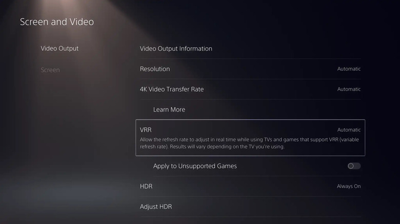 VRR option in the PS5 Screen and Video menu