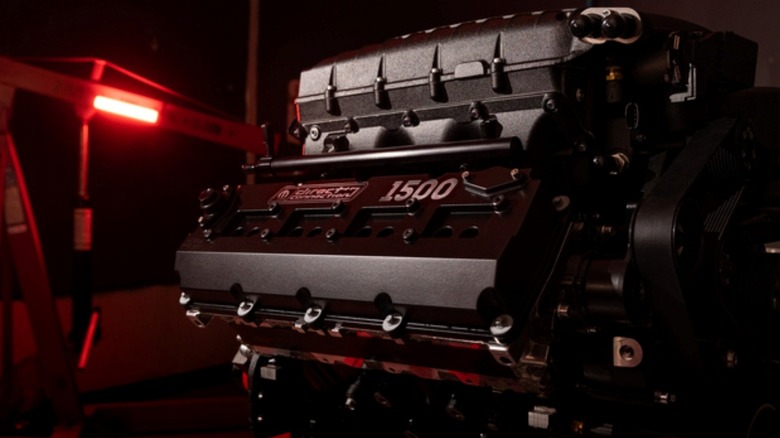 Artistically framed image of a 1,500-horsepower 426 HEMI crate engine.