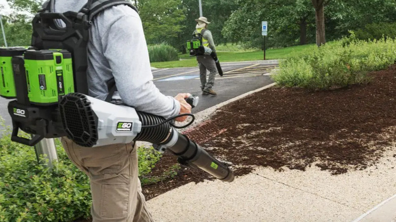 People using Ego backpack leaf blower