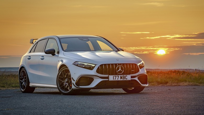 The Mercedes-AMG A45 S hatchback in white, front 3/4 view