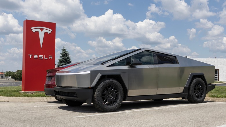 The Tesla Cybertruck outside the factory, front 3/4 view