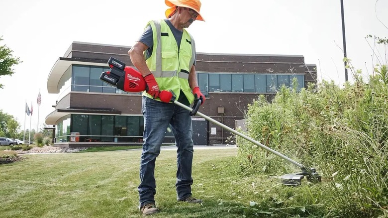 Man using weed eater on brush