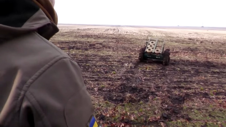 Ukraine soldier controlling kamikaze vehicle